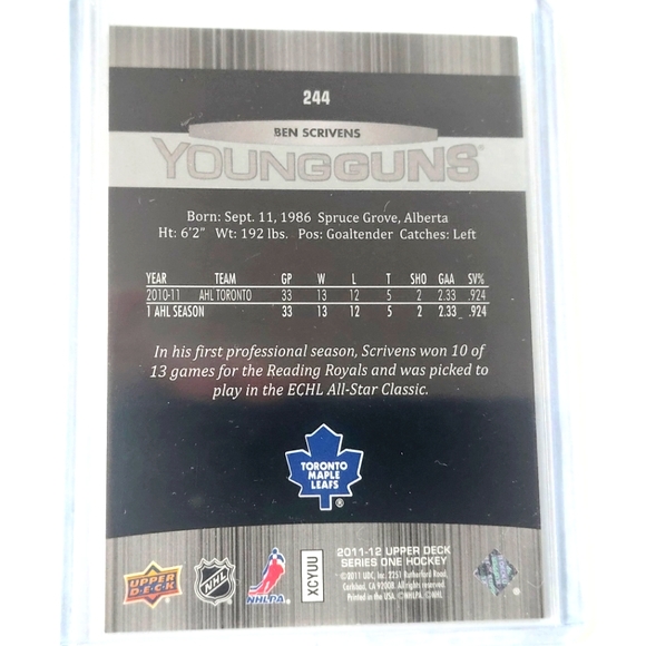 Ben Scrivens Upper Deck Young Guns Rookie Card Maple Leafs Goalie #244 - Picture 2 of 2